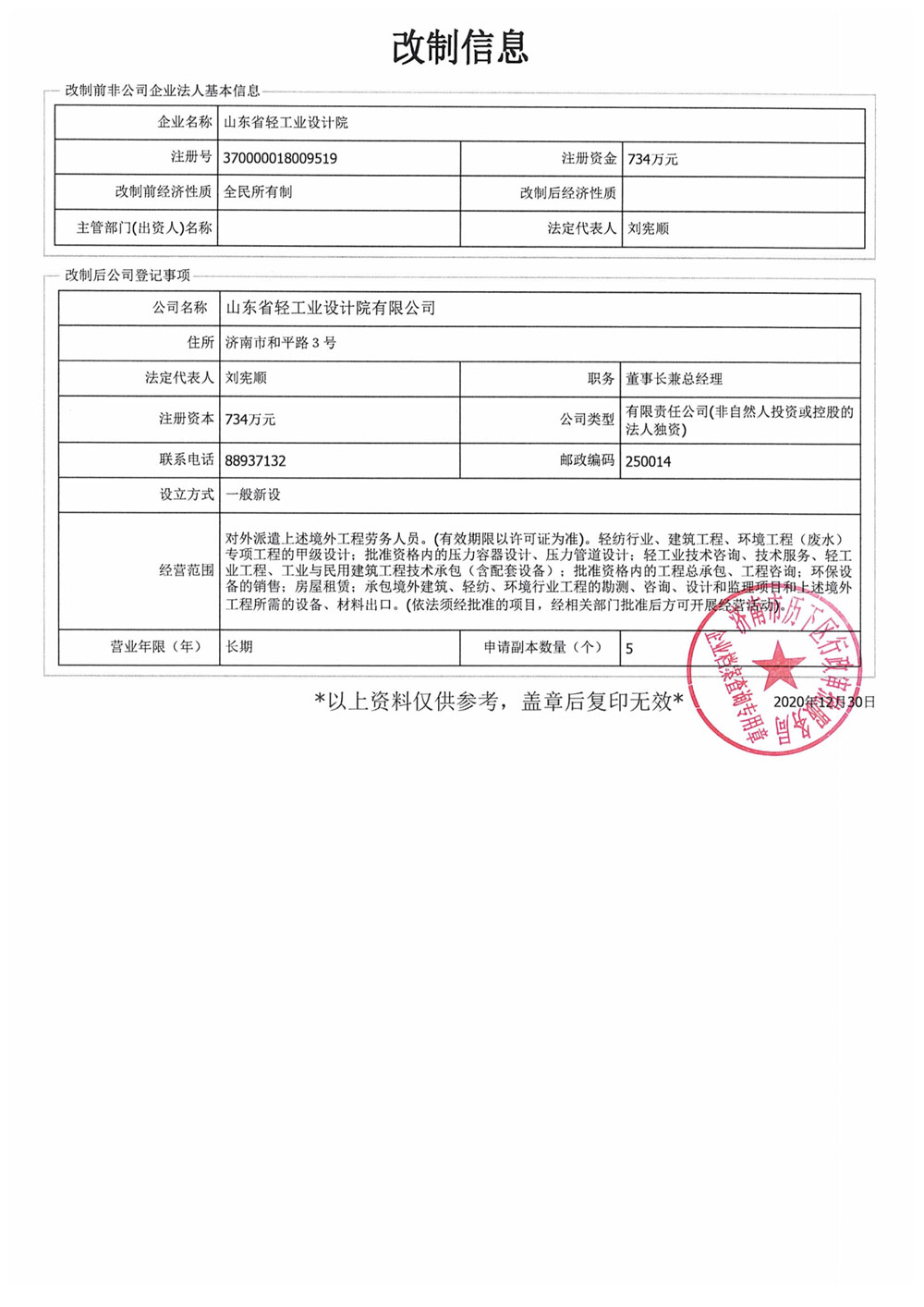 山東省輕工業(yè)設(shè)計院公司制改制信息